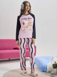 Bộ đồ ngủ nữ dễ thương in chữ và gấu hoạt hình Raglan - Nhiều màu - Xem 5