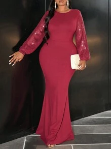 Slaydiva Plus Size Sparkly Banquet Round Neck Waist Fitted Mermaid Dress With Contrast Sequin Sleeves, Red, Fall/Winter