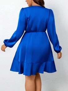 Rometta Plus Size Elegant Lantern Sleeve Tie Side Decor Satin Wrap Dress Fall Cloth For Women