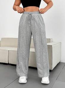 Flirla Calça de Moletom Folgada de Cintura com Cordão, Perna Larga, Plus Size - Cinza Claro - Visão 7
