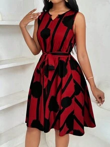SHEIN Women's Elegant Geometric Print Tie Waist Short Dress
