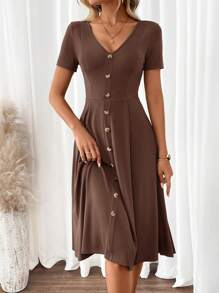 SHEIN Clasi Vestido línea A de manga corta con escote en V elegante para mujer - Café integral - Ver 5