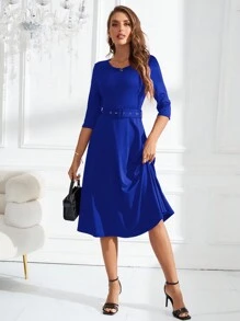 SHEIN Clasi Đầm midi buộc eo cổ tròn tay ngắn màu trơn cho nữ, xuân hè - Xanh đậm - Xem 5