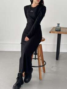 FRIFUL Váy xòe tay bồng in chữ thời trang xuân thu cho nữ - màu đen - Xem 6