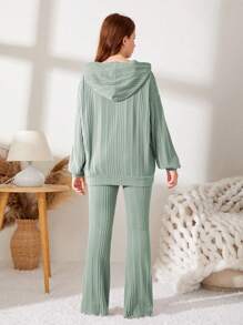 SHEIN Leap Crew 2 件套青少年女孩罗纹针织连帽短款上衣和喇叭裤，休闲装 - 薄荷綠 - 查看 2