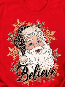 Flirla Plus Size Christmas Santa Claus Printed Crew Neck Short Sleeve T-Shirt For New Year Clothes Graphic Tees Women Tops