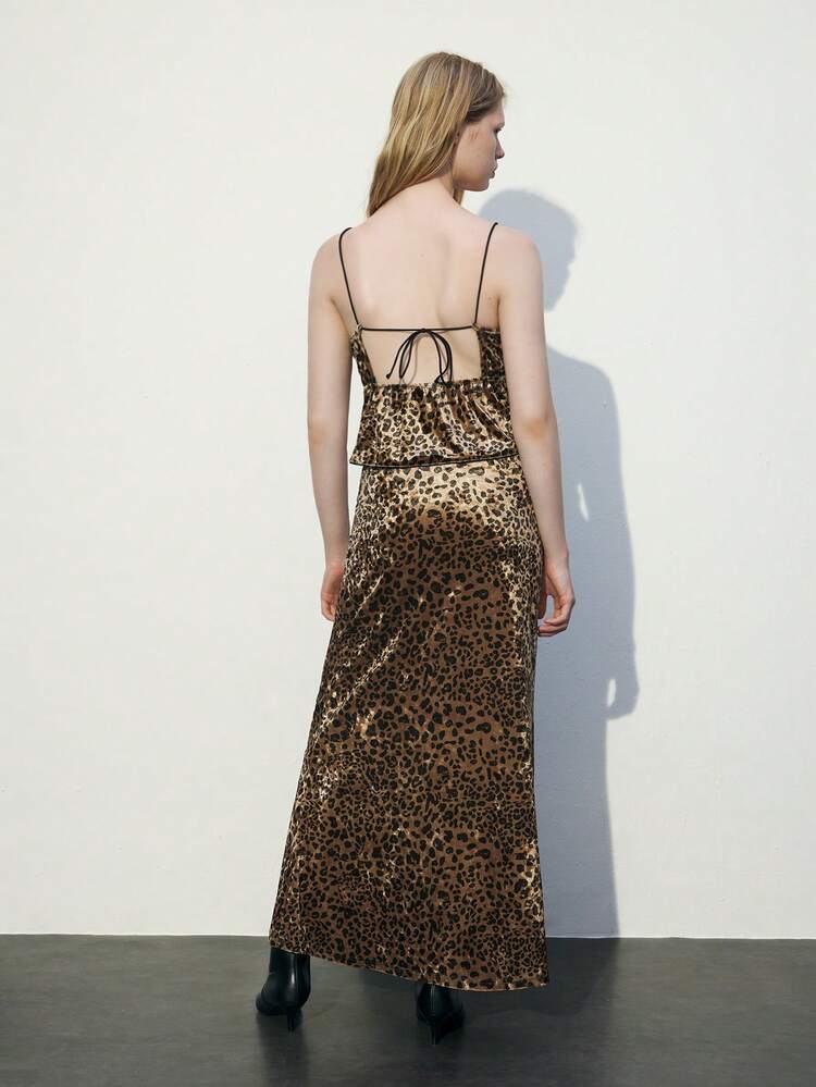 SHEIN Maija 2 pièces Ensemble mode pour femmes, Top camisole à imprimé léopard Y2K et jupe longue midi