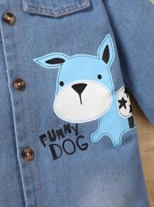 Baby Boys Casual Blue Denim Woven With Cartoon Animal Print Long Sleeve Jumpsuit, Comfortable All-In-One Piece Outfit For Fall/Winter