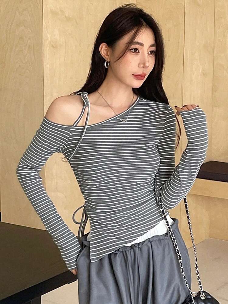 Women Striped Tie Front Open Shoulder Fashionable T-Shirt, Spring And Fall Long Sleeve Women Tops