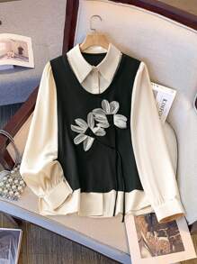SHEIN Clasi Women's Spring And Autumn 3D Floral Decor Long Sleeve Elegant 2 In 1 Shirt