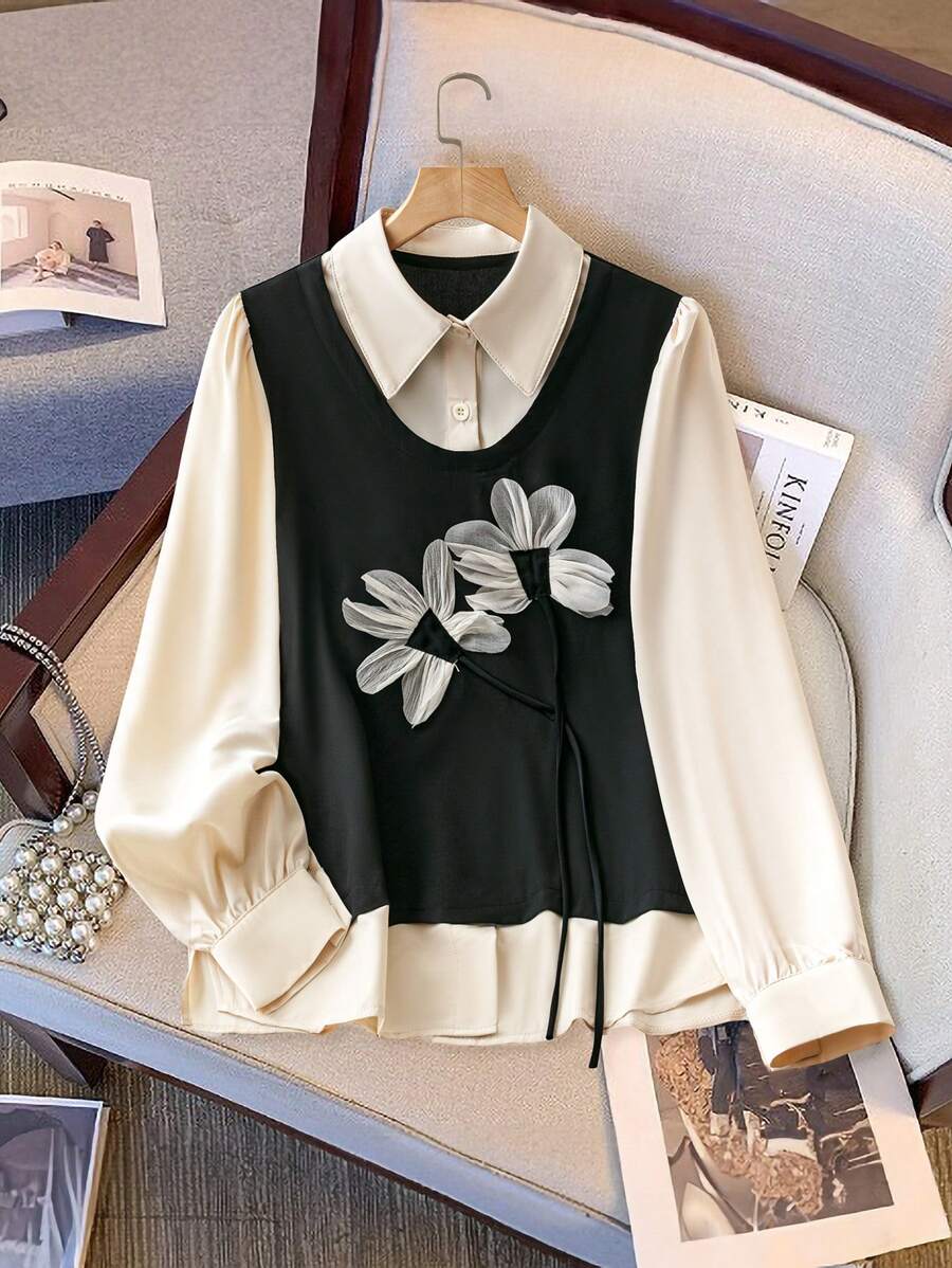 SHEIN Clasi Women's Spring And Autumn 3D Floral Decor Long Sleeve Elegant 2 In 1 Shirt