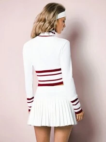 VARSITIE 条纹缀饰宽领上下拉链修身女士户外夹克网球服网球裙白色网球裙网球裙 - 紅白色 - 查看 2