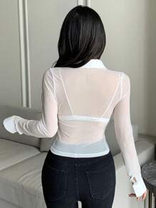 DAZY Áo cánh tay dài màu trơn lưới mỏng cho nữ, áo đi chơi mùa xuân và mùa hè - trắng - Xem 7