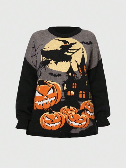 Dark Gothic Pumpkin Witch Bat Pattern Loose Pullover Sweater