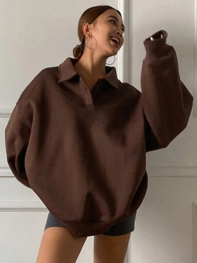 DAZY 女士宽松纯色翻领套头衫，长袖上衣，秋季女装