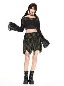 ROMWE Fairycore Women's Solid Color Dropped Shoulder Long Sleeve Cropped Distressed Sweater, Autumn/Winter