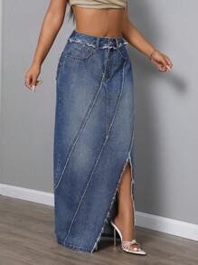 SHEIN SXY Váy chữ A denim xẻ tà tua rua đơn giản cho nữ - Màu xanh lam - Xem 6