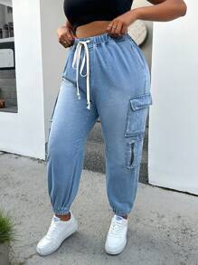 SHEIN EZwear Plus Size Casual Loose Tapered Leg Denim Cargo Pants, Blue - Blue - View 3