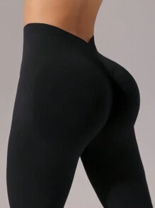 SHEIN Sports Quần thể thao thường ngày loe cạp bất đối xứng màu trơn cho nữ - màu đen - Xem 7