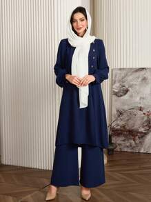 Al Najma 2pcs Women's Casual Solid Color Button Decor Split Hem Extra Long Top And Wide Leg Pants Set 2 Pieces Set Fall Cloth For Women - Royal Blue - View 6