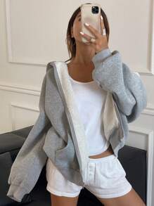 DAZY Women's Loose Fit Thermal Lined Hoodie Sweatshirt Jacket Zip Up - Light Grey - View 8