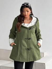 Flirla Faux Horn Button Fuzzy Hooded Coat In Plus Size - Army Green - View 6