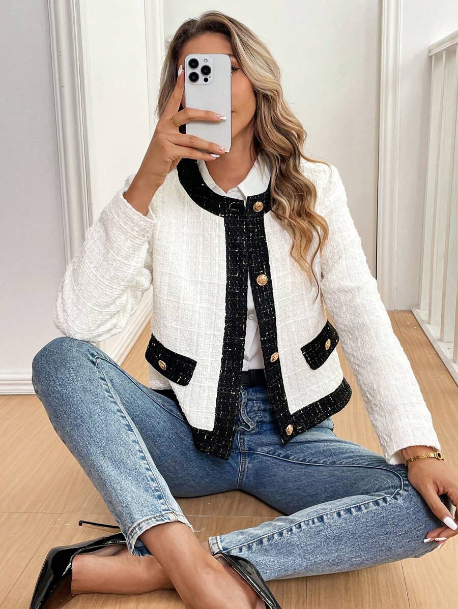 SHEIN Clasi 女士优雅撞色饰边金色纽扣前襟夹克 - 黑與白 - 查看 1