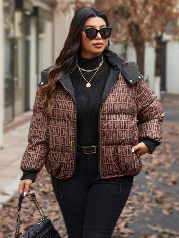Calvaya Parka imbottito con stampa all-over e cappuccio con cerniera, taglia curvy, abiti invernali, abbigliamento autunnale