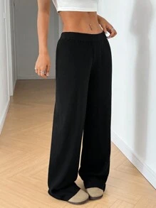 SHEIN EZwear 女士休闲纯色黑色简约毛衣裤，秋冬 - 黑色 - 查看 5