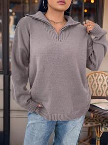 Calvaya Áo len nữ cỡ lớn kiểu dáng thường ngày, vai rớt, cổ khóa kéo, thích hợp mặc mùa đông. - Bụi tím - Xem 6