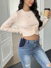 SHEIN Maternity Ribbed Hem Body-Con Sweater, Long Sleeve, For Winter - Beige - View 4