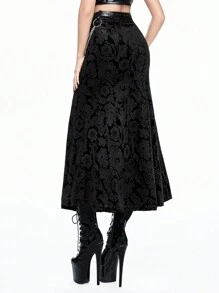 ROMWE Gothic High-Slit Flocked Embossed Women's Skirt With Detachable Metal Chain Belt - Black - View 5