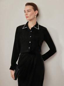 MOTF PREMIUM 天鹅绒对比波浪带饰边衬衫 - 黑色 - 查看 8