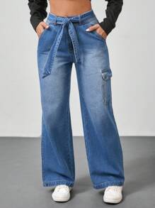 SHEIN Essnce Jeans anchos informales y sueltos de mujer, color azul - Azul - Ver 3