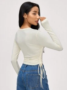 SHEIN BASICS 2 件装休闲纯色针织圆领长袖 T 恤，带侧边抽绳，女款 - 彩色 - 查看 2