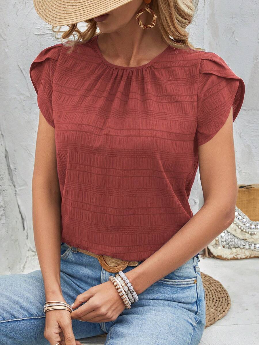 EMERY ROSE Solid Color Petal Sleeve Back Keyhole Blouse,Short Sleeve Tops - Rust Brown - View 1