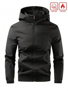 Manfinity Homme Męska kurtka wiatroszczelna z kapturem, kurtka termiczna, płaszcz zewnętrzny, kurtka z długim rękawem i flanelą, na wyjście, dla przyjaciół, męża, chłopaka