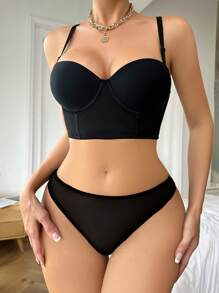 Black Fabric Casual Comfy Bra And Panty Set With Slight Stretch Chain Detail - Black - View 7