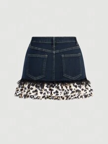 SHEIN MOD Women's Denim Mini Skirt With Butterfly Accent And Ruffles Hem In Leopard Print - Multicolor - View 2