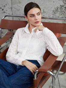Aveloria Modichic Fashionable Minimalist Commuting Hollow-Out Loose Embroidered Long Sleeve Shirt - White - View 4