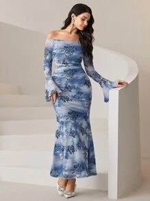 Modelyn Women Off-Shoulder Long Sleeve Allover Print Casual Dress Long Evening Dresses