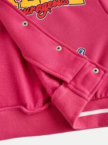 SHEIN Teen Girl Knit Print Color Block Ribbed Fleece Cropped Bomber Jacket - Hot Pink - View 3