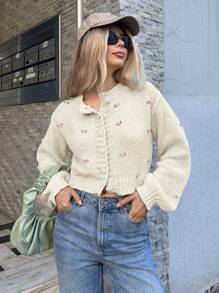 Forever 21 新款秋冬圆领提花针织短开衫 - 杏色 - 查看 1