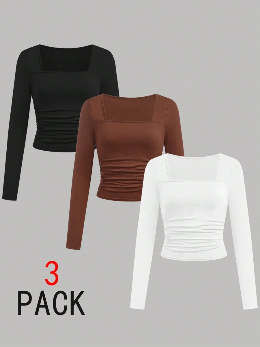 SHEIN Juego de 3 camisetas de manga larga de cuello cuadrado fruncido que combina con todo, en negro, marrón y blanco, 3 piezas, compra 1 y llévate 2 gratis para adolescentes