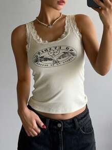 DAZY Casual Crew Neck Letter Print Tank Top Preppy Tops - Beige - View 2