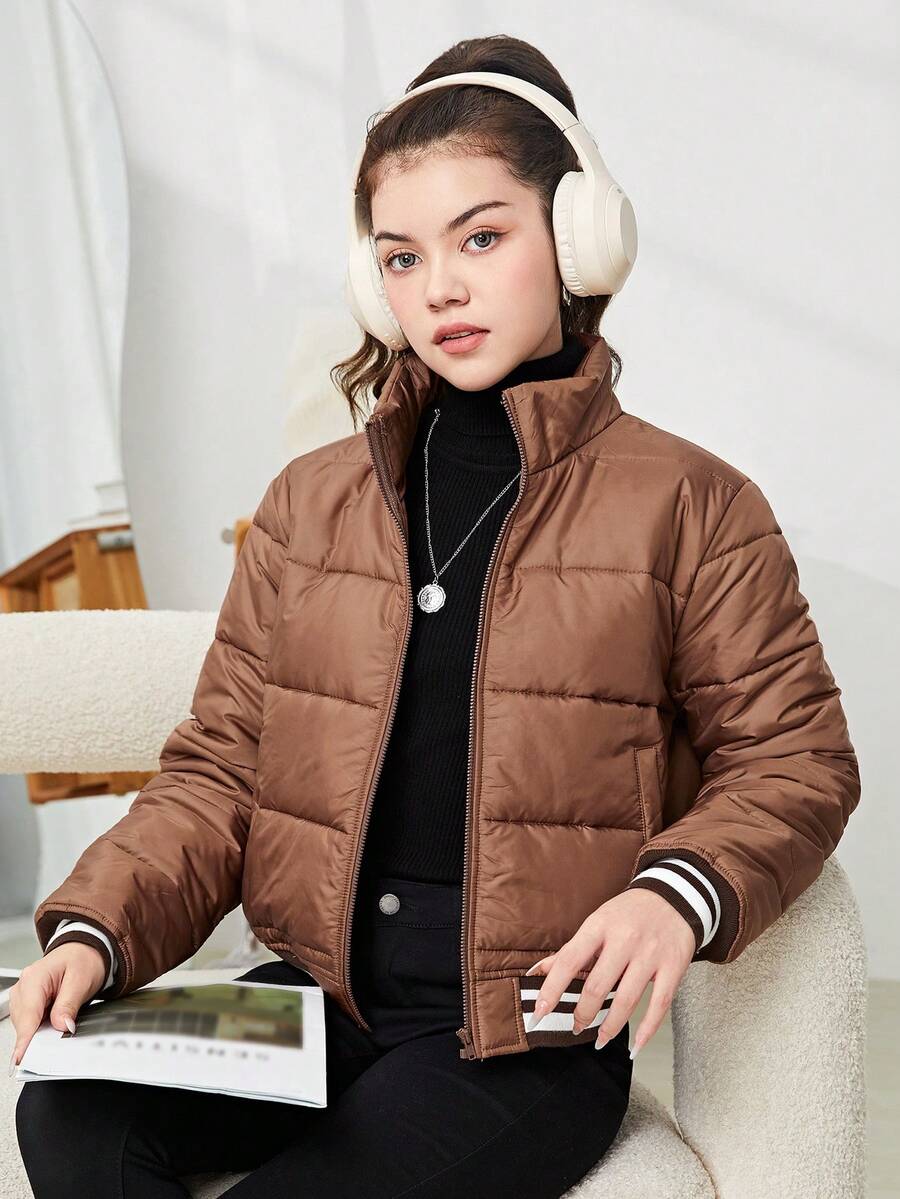 SHEIN Áo khoác đệm ngắn thường ngày màu tương phản cổ đứng có gân màu nâu cho bé gái tuổi teen - màu nâu - Xem 1