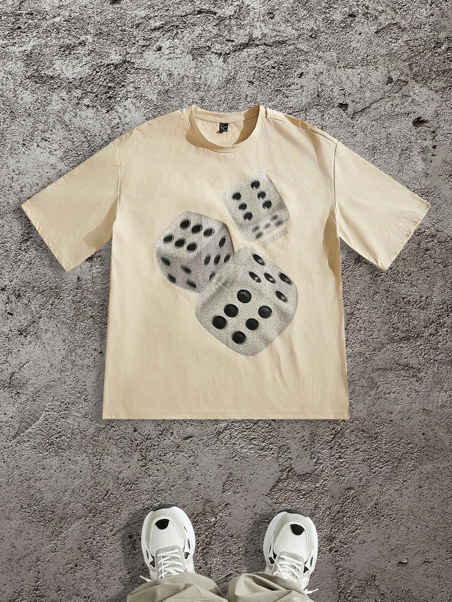 Manfinity VCAY 1 件男士 Y2K 服装趣味休闲超大潮流高街复古风格创意骰子天使麦当娜油画印花黑色针织 T 恤 - 卡其色 - 查看 1