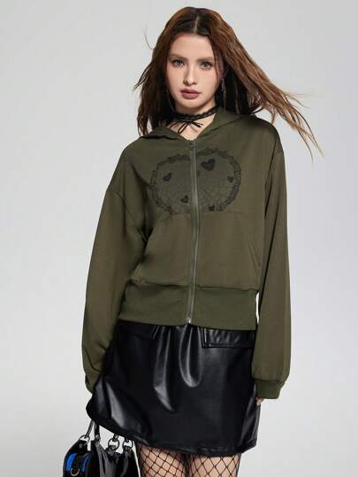 SHEIN Explorewe 2pcs/Set Dark Punk Style Knit Print Sweatshirt And Faux Leather Skirt For Teenage Girls