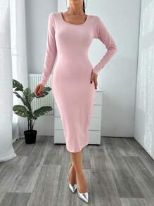 RueChic Solid Color Long Sleeve Slim Fit Bodycon Dress - Pink - View 3