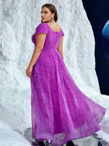 Plus Square Neck Purple Embossed Floral Elegant Multilayered 3D Floral Midi Dress, Wedding Event Dress,Party Dress,Gown,Formal,Evening,Wedding Guest